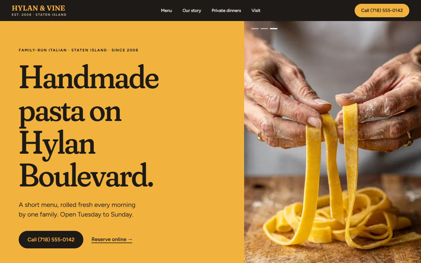 The Hylan & Vine homepage: a yellow field the colour of the pasta beside a photo of floured hands lifting pappardelle.