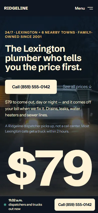 Ridgeline Plumbing & Drain, Home page on a phone